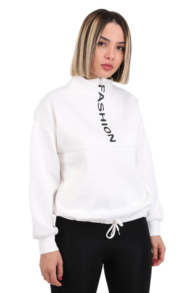 Yarı Fermuarlı Scuba Kumaş Cepli Sweat 3456 | Krem