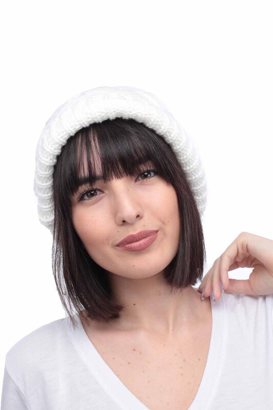 Simisso Örgü Desenli Ponponlu Bere Renk Seçenekli 1007 | Beyaz - Thumbnail