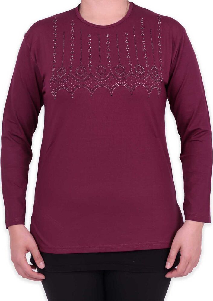Taşlı Yuvarlak Yaka Bluz | Mürdüm