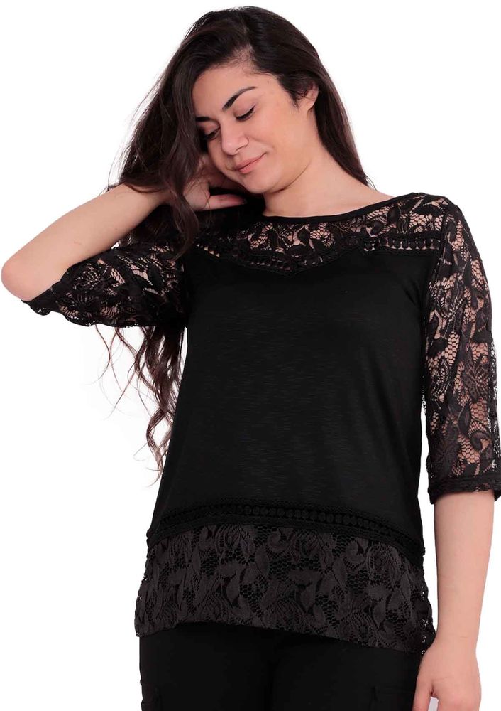 Kota Yakası ve Kolları Transparan Dantelli Bluz 6185 | Siyah