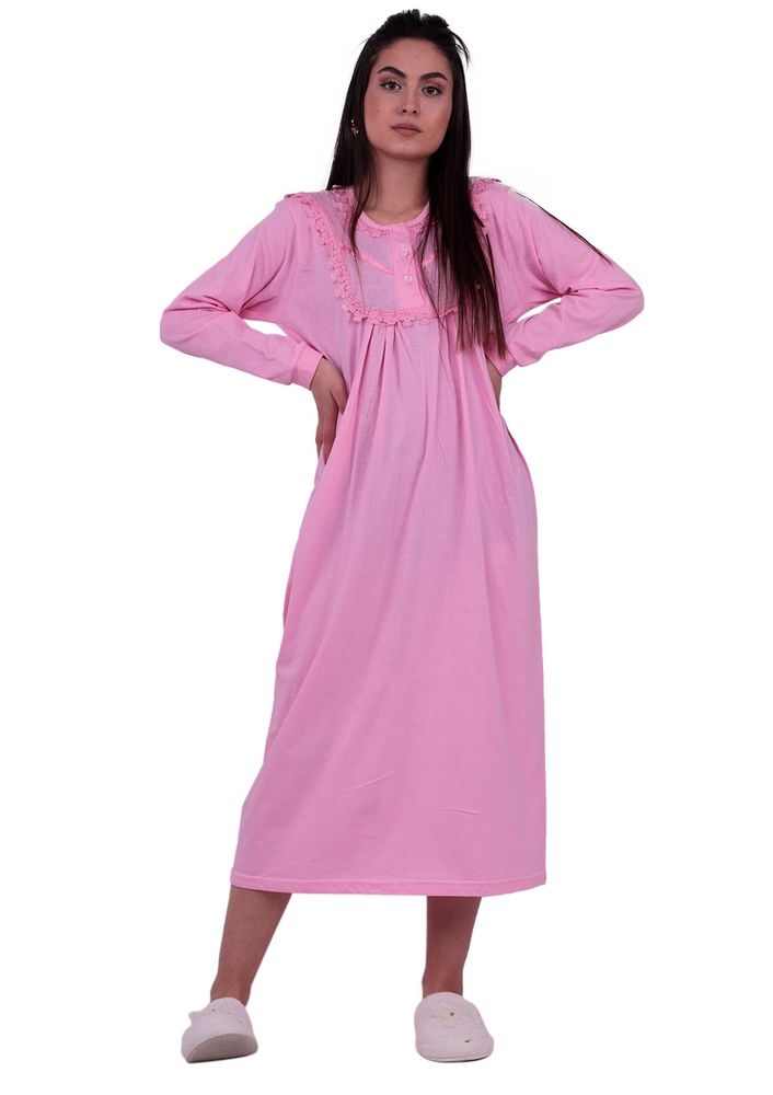 Uzun Kollu Güpürlü Gecelik 3004 | Pembe