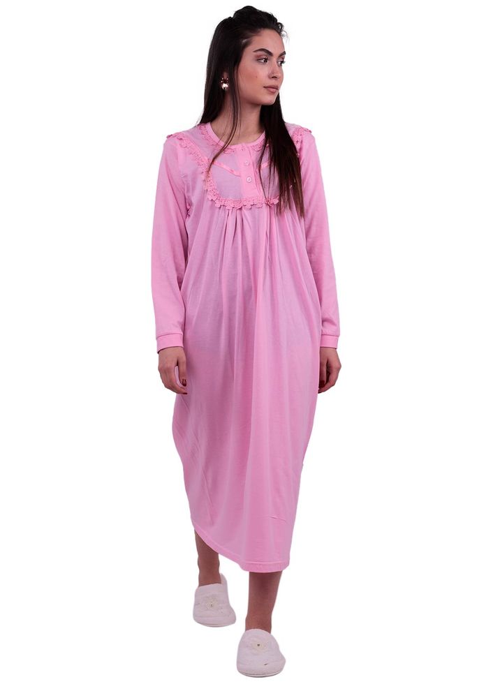 Uzun Kollu Güpürlü Gecelik 3004 | Pembe