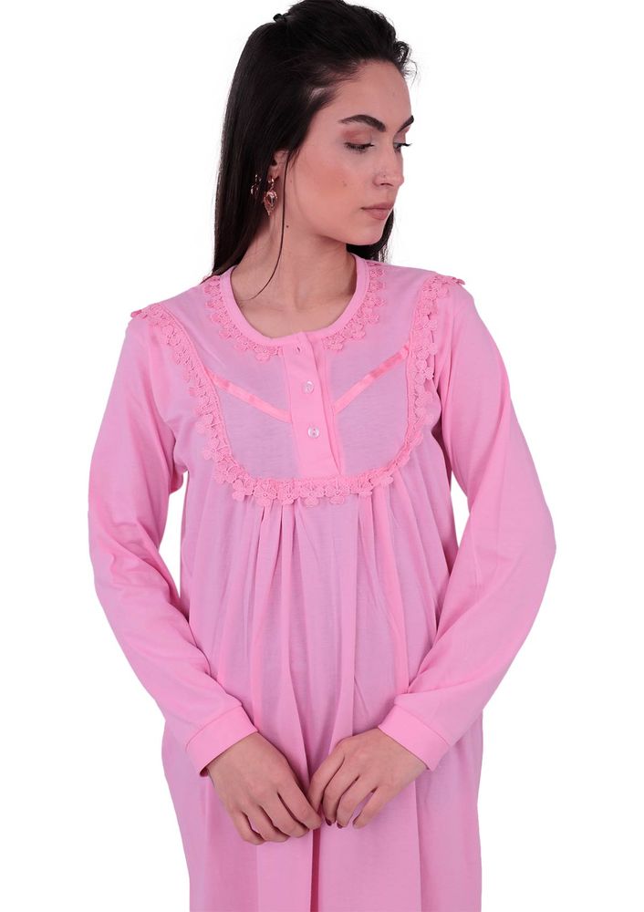 Uzun Kollu Güpürlü Gecelik 3004 | Pembe