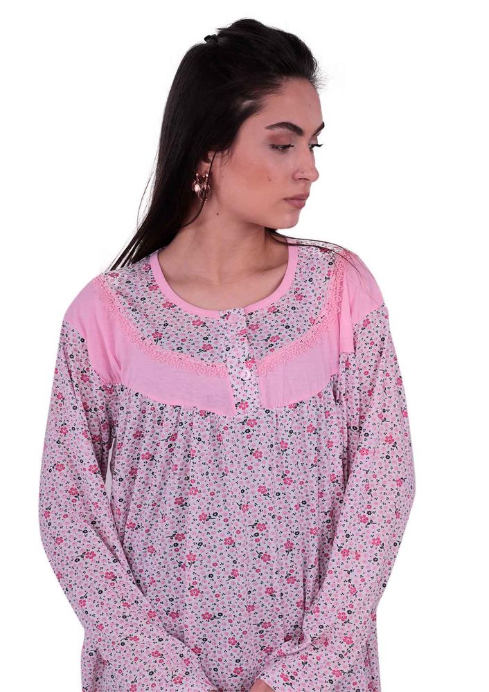Uzun Kollu Güpürlü Gecelik 3006 | Pembe