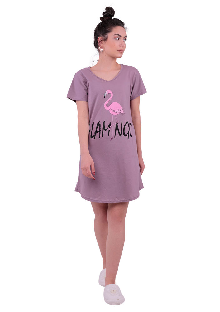 Snc Flamingo Desenli Kısa Kollu Gecelik 8041 | Vizon