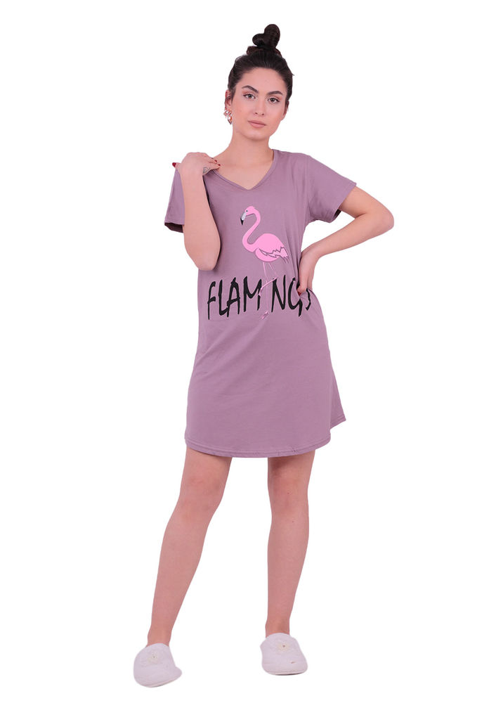 Snc Flamingo Desenli Kısa Kollu Gecelik 8041 | Vizon