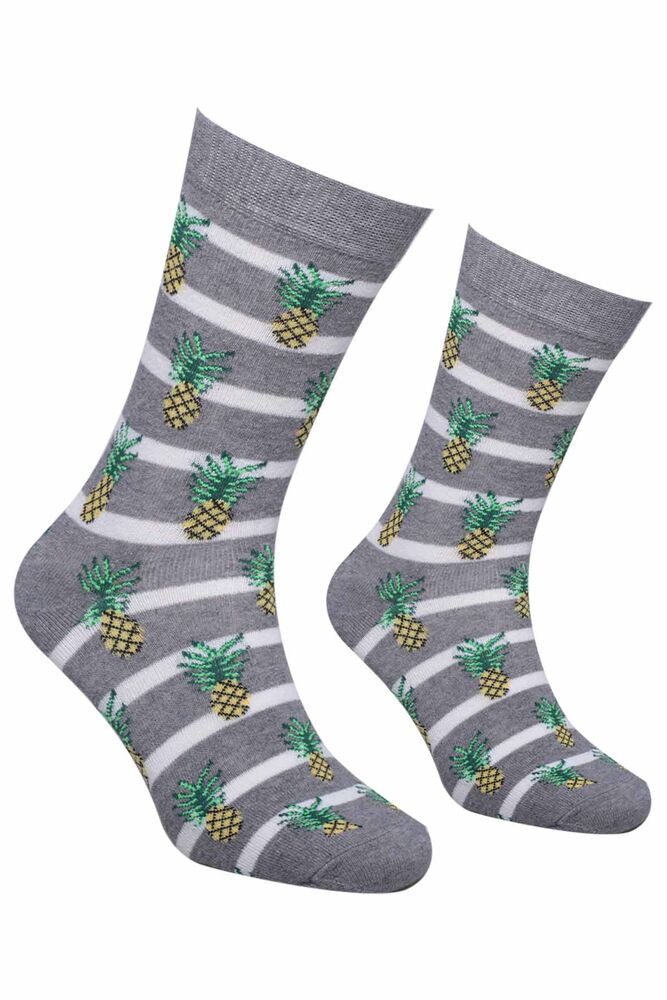 Ananas Desenli Çizgili Çorap | Gri