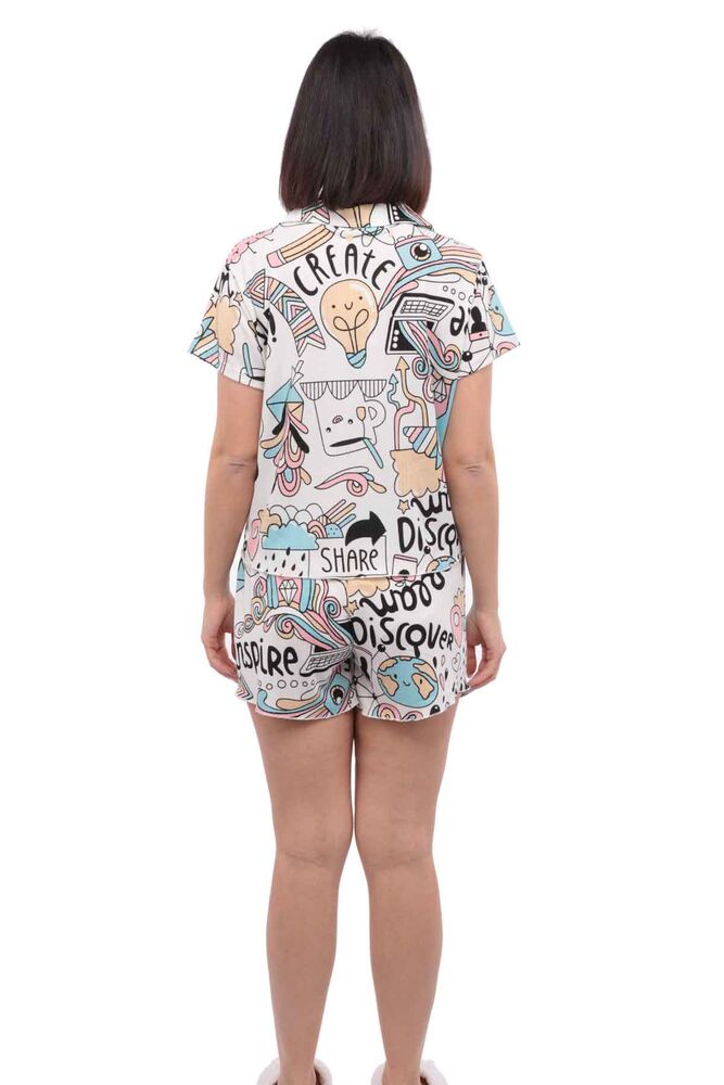 Arcan Desenli Kısa Kollu Gömlek Pijama Takımı 3'lü 80119-1 | Beyaz