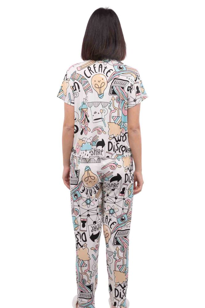 Arcan Desenli Kısa Kollu Gömlek Pijama Takımı 3'lü 80119-1 | Beyaz