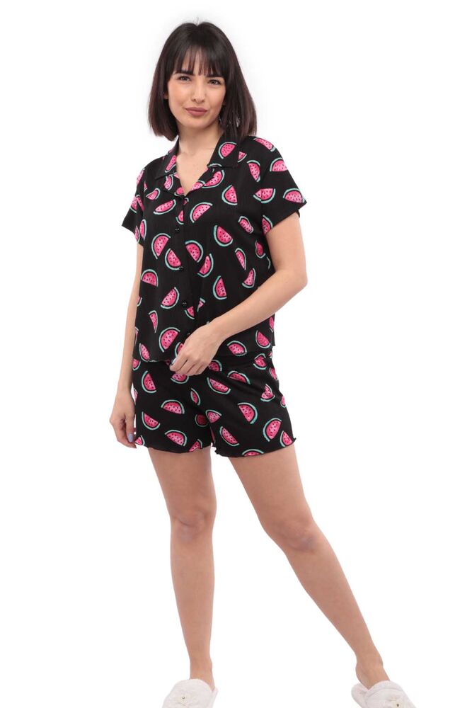 Arcan Karpuz Desenli Kısa Kollu Gömlek Pijama Takımı 3'lü 80119-3 | Siyah
