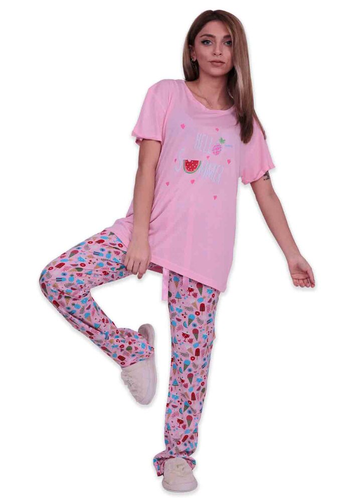 Aydoğan Baskılı Poplin Kısa Kollu Kadın Pijama Takımı 9004 | Pembe
