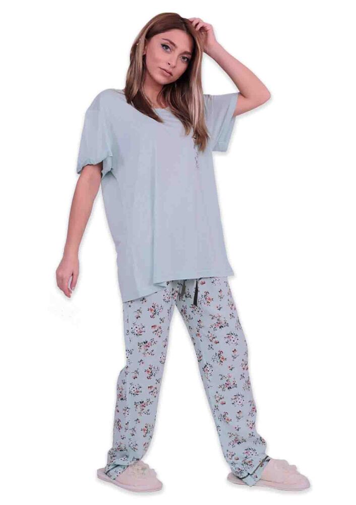 Aydoğan Baskılı Poplin Kısa Kollu Pijama Takımı 9001 | Su Yeşili