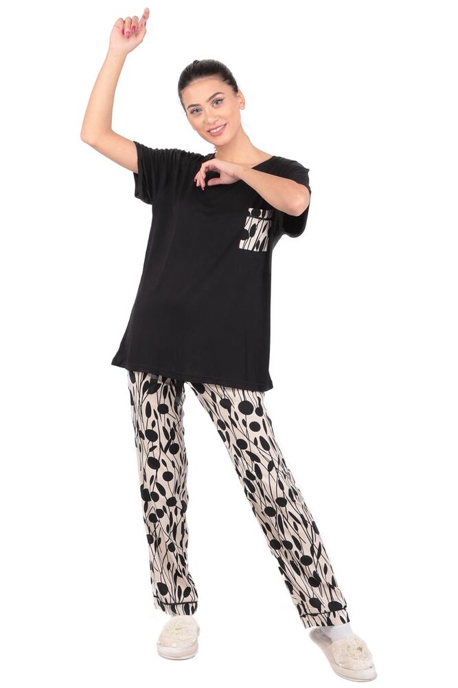 Aydoğan Baskılı Poplin Kısa Kollu Pijama Takımı 9012 | Siyah