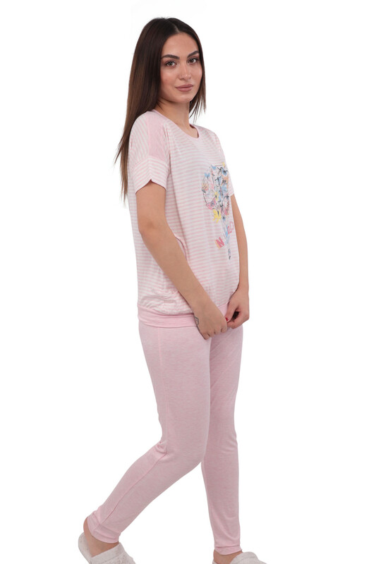 Berrak Dar Paçalı Kısa Kollu Cepli Desenli Pudra Pijama Takımı 268 | Pembe - Thumbnail