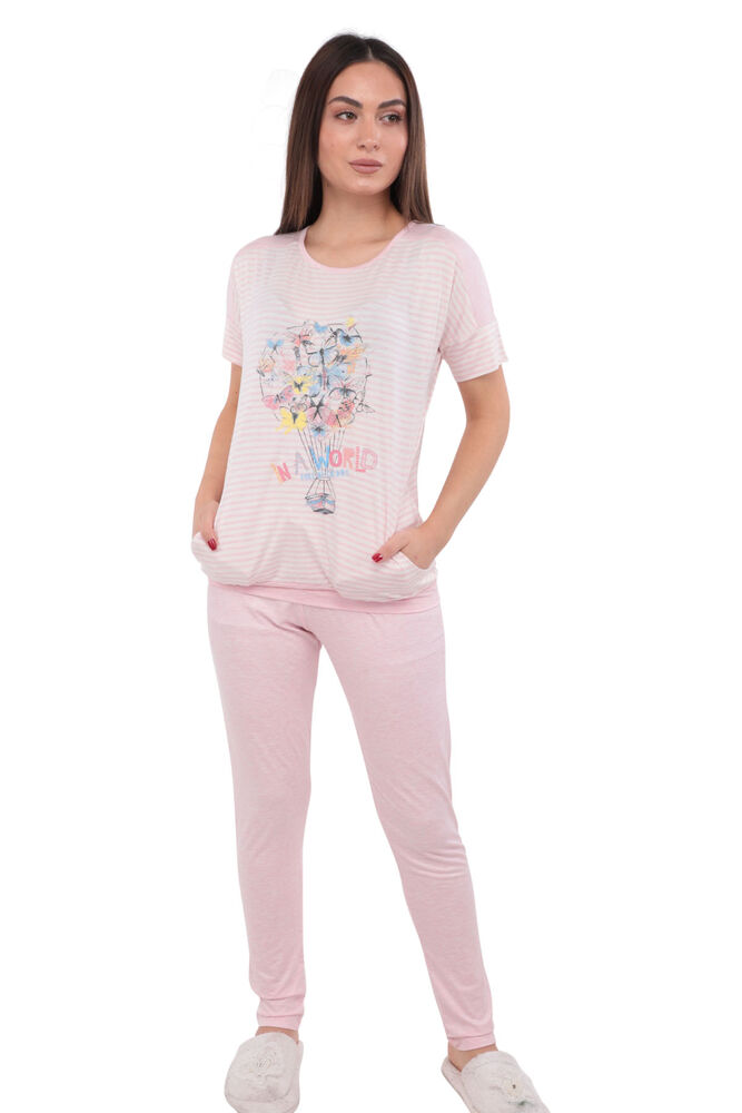 Berrak Dar Paçalı Kısa Kollu Cepli Desenli Pudra Pijama Takımı 268 | Pembe