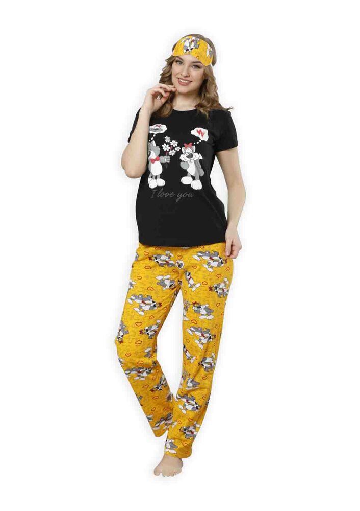 Calimera Kedi Baskılı Kısa Kollu Pijama Takımı | Siyah