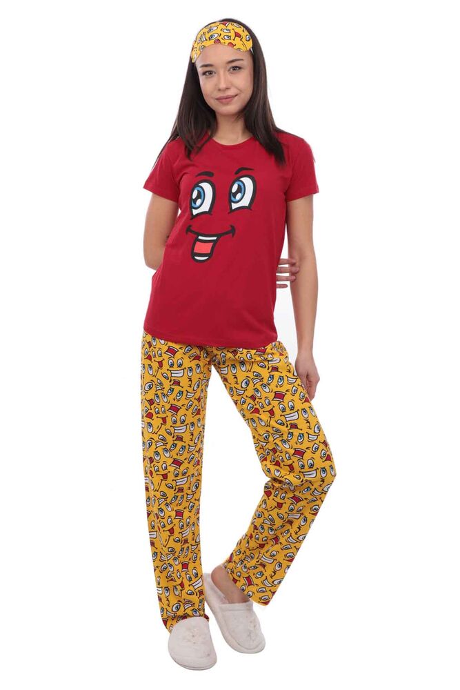 Calimera Emoji Desenli Kısa Kollu Uyku Gözlüklü Kadın Pijama Takımı 2649 | Kırmızı