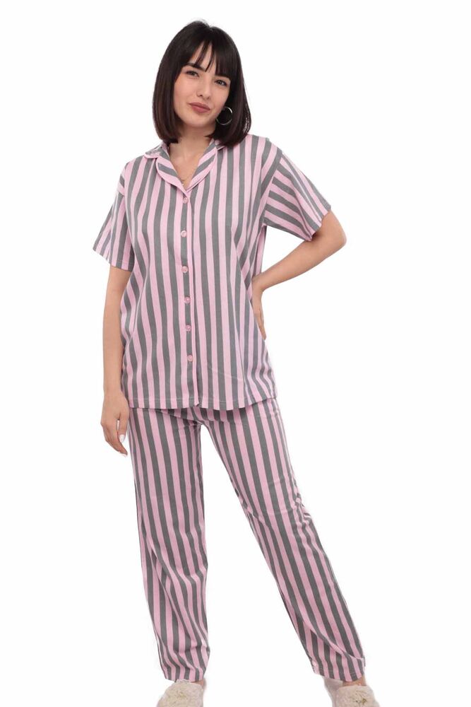 Işılay Boy Düğme Kısa Kollu Pijama Takım | Pembe