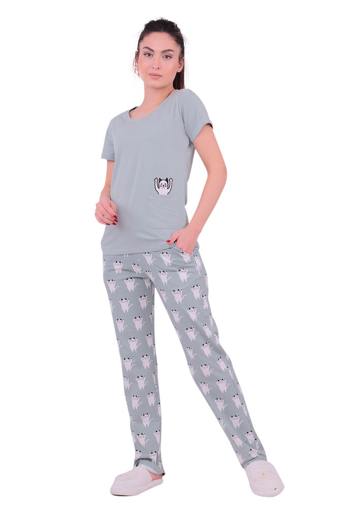 Jiber Kedi Desenli Kısa Kollu Kadın Pijama Takımı 3615 | Yeşil