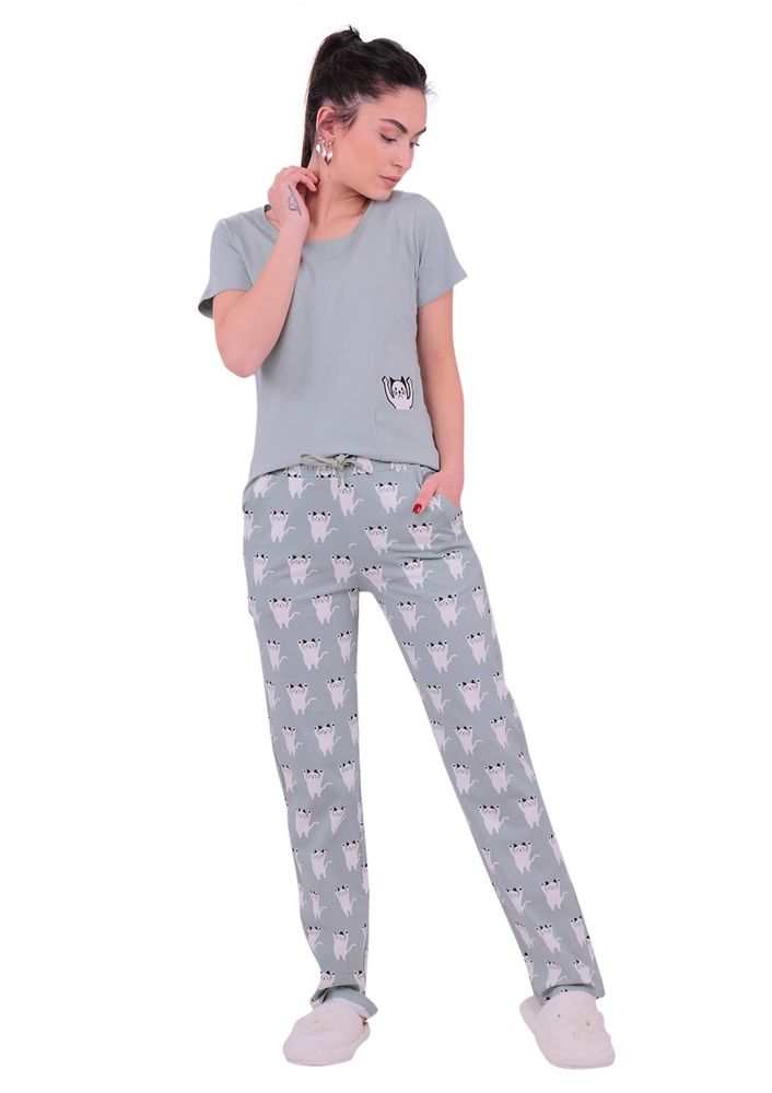 Jiber Kedi Desenli Kısa Kollu Kadın Pijama Takımı 3615 | Yeşil