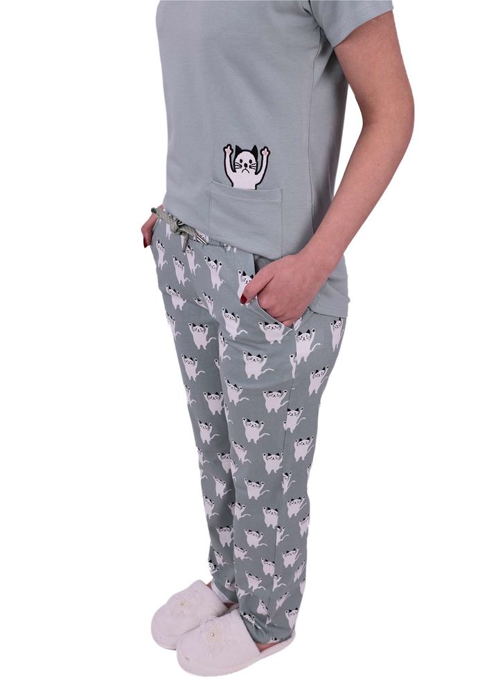 Jiber Kedi Desenli Kısa Kollu Kadın Pijama Takımı 3615 | Yeşil