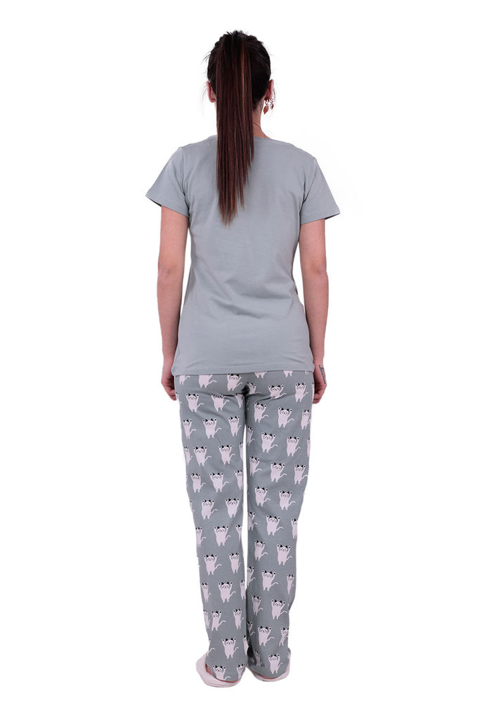 Jiber Kedi Desenli Kısa Kollu Kadın Pijama Takımı 3615 | Yeşil