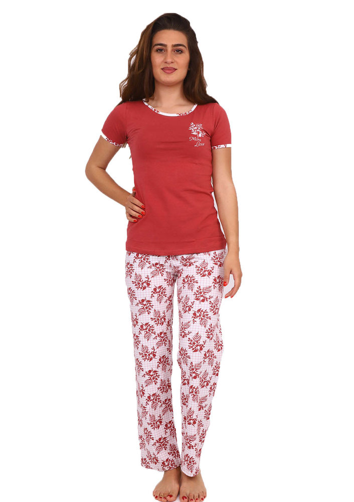 More Love Boru Paçalı Yaprak Desenli Pijama Takımı 1999 | Tarçın