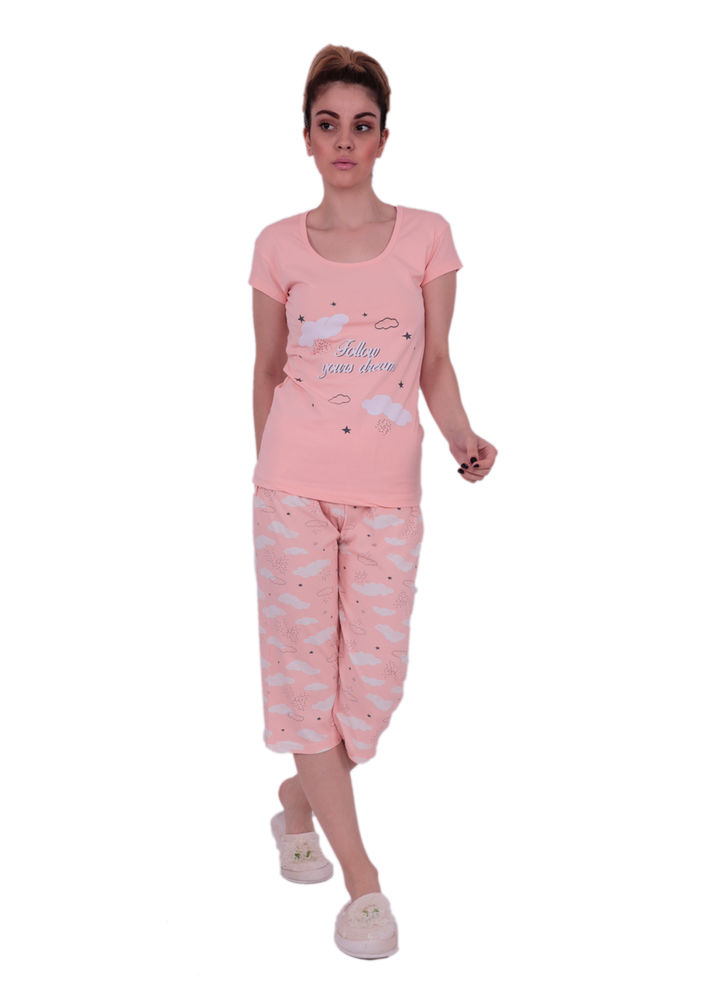 Sude Kısa Kollu Bulut Desenli Kapri Pudra Pijama Takımı 2739 | Pudra