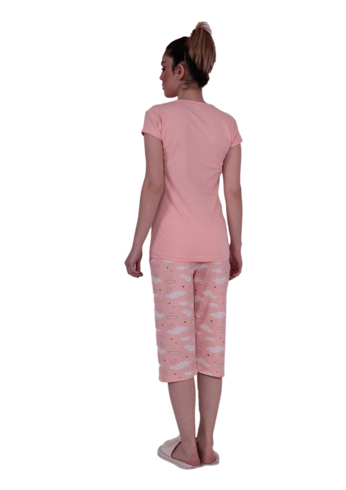 Sude Kısa Kollu Bulut Desenli Kapri Pudra Pijama Takımı 2739 | Pudra