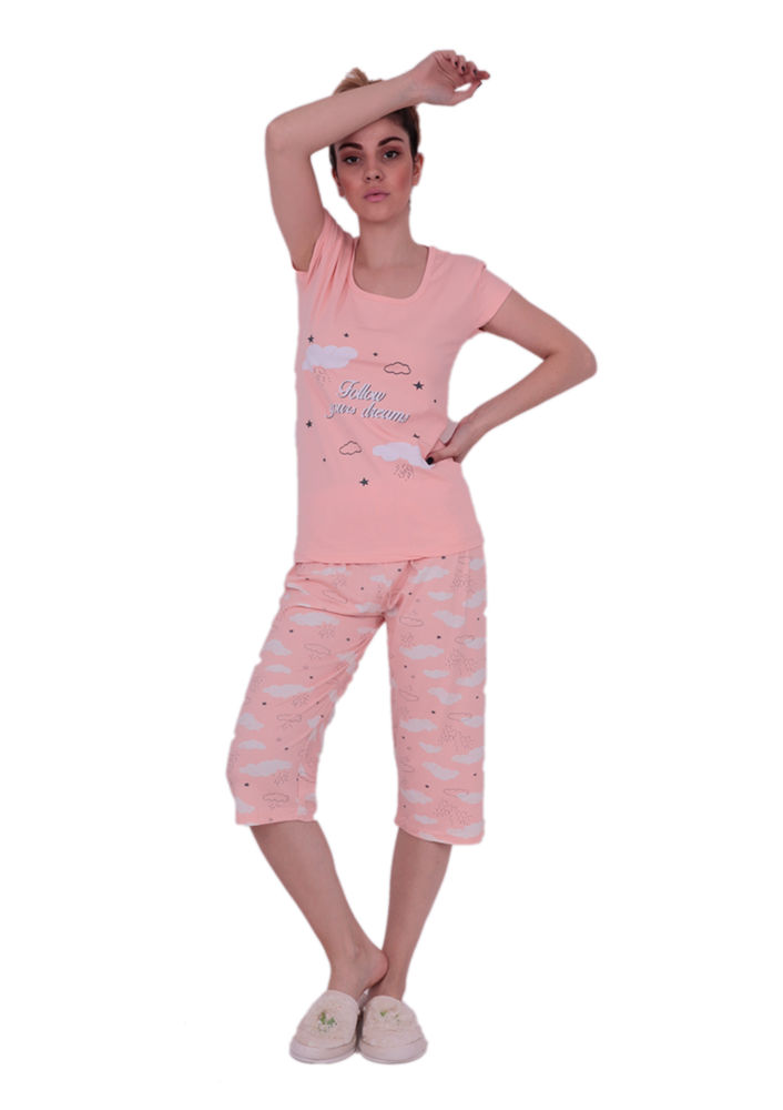 Sude Kısa Kollu Bulut Desenli Kapri Pudra Pijama Takımı 2739 | Pudra