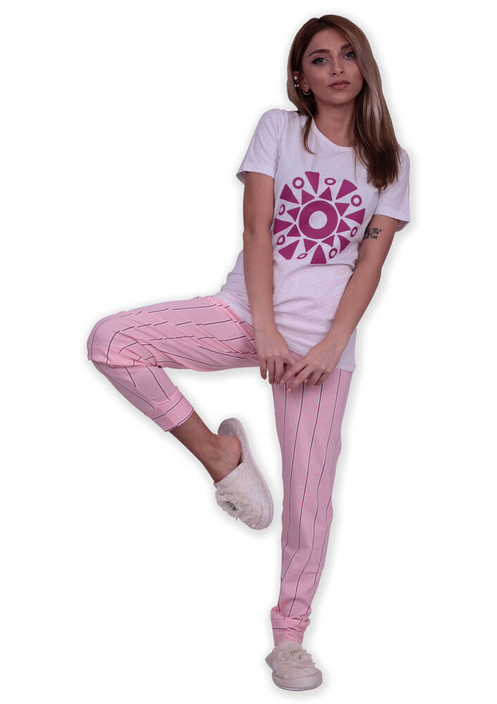 Sude Geometrik Baskılı Kısa Kollu Pijama Takımı | Beyaz