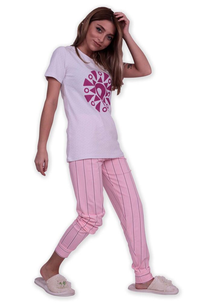 Sude Geometrik Baskılı Kısa Kollu Pijama Takımı | Beyaz