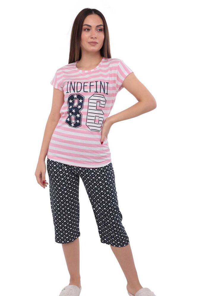 Sude Kısa Kollu Kaprili Desenli Pijama Takımı 2876 | Pembe