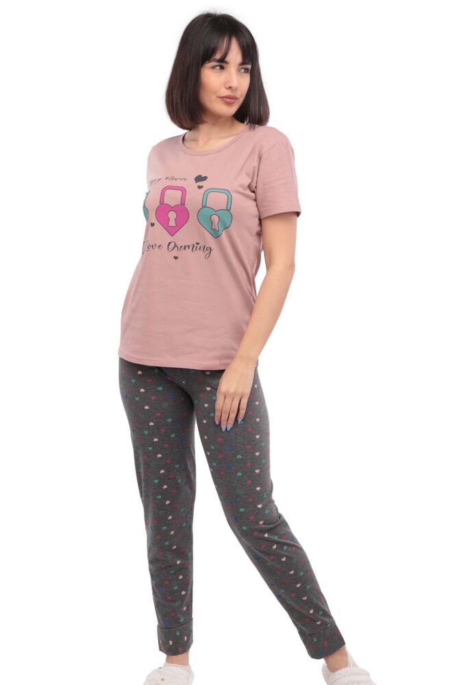 Sude Anahtar Baskılı Kısa Kollu Pijama Takımı 2923 | Gül Kurusu