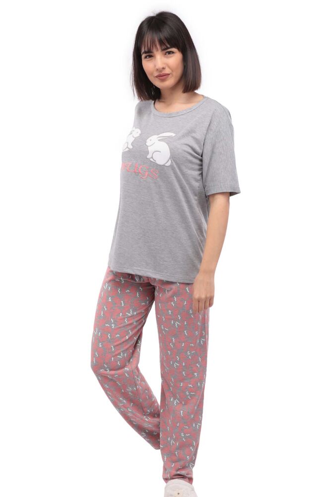 Sude Tavşan Baskılı Kısa Kollu Kadın Pijama Takımı 1006 | Gri