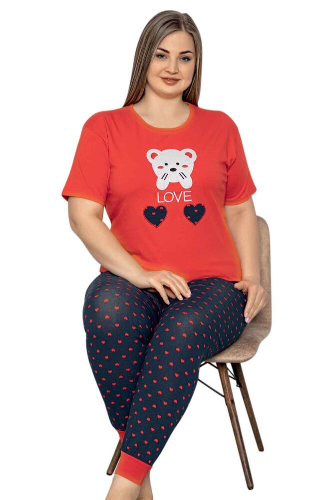 Sude Ayıcık Baskılı Kısa Kollu Büyük Beden Kadın Pijama Takımı 1092 | Kırmızı