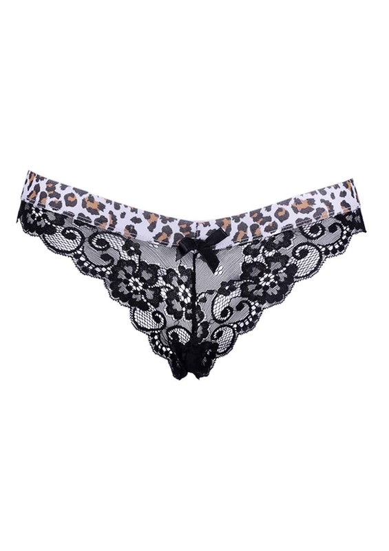 Leopar Desenli Dantel Külot 3938 | Siyah - Thumbnail