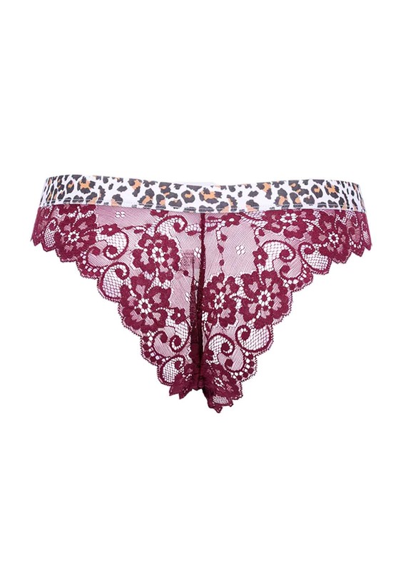 Leopar Desenli Dantel Külot 3938 | Bordo - Thumbnail