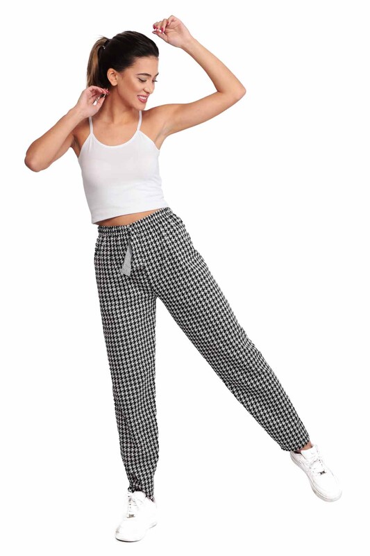 Kazayağı Desenli Kadın Dokuma Pantolon | Siyah - Thumbnail