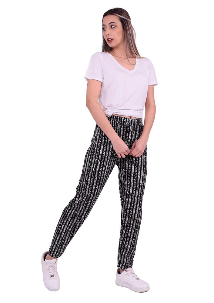 Çizgi Desenli Süet Pantolon | Siyah