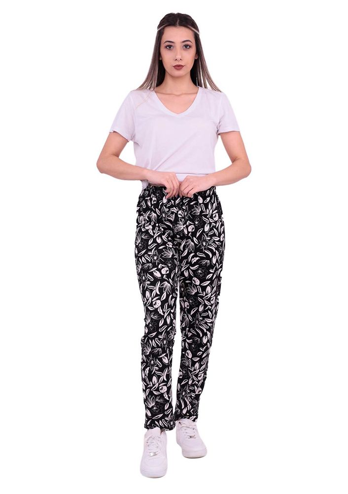 Beli Lastikli Boru Paçalı Desenli Süet Pantolon | Siyah