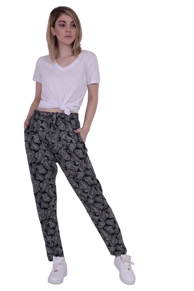 Şal Baskılı Viskon Boru Paça Pantolon | Siyah