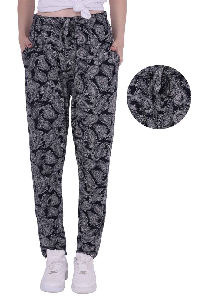 Şal Baskılı Viskon Boru Paça Pantolon | Siyah