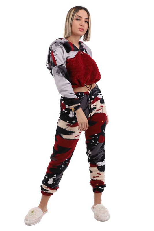 Arcan Kapüşonlu Polar Pijama Takımı 1415-3 | Bordo - Thumbnail