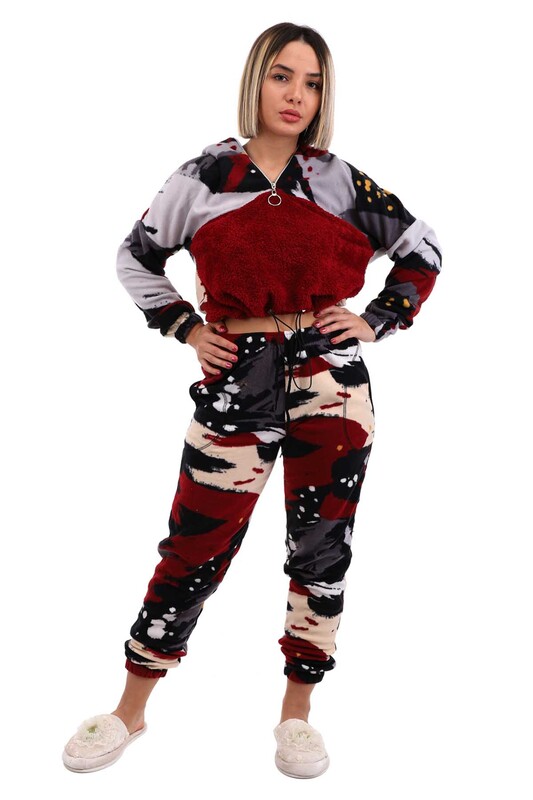 Arcan Kapüşonlu Polar Pijama Takımı 1415-3 | Bordo - Thumbnail