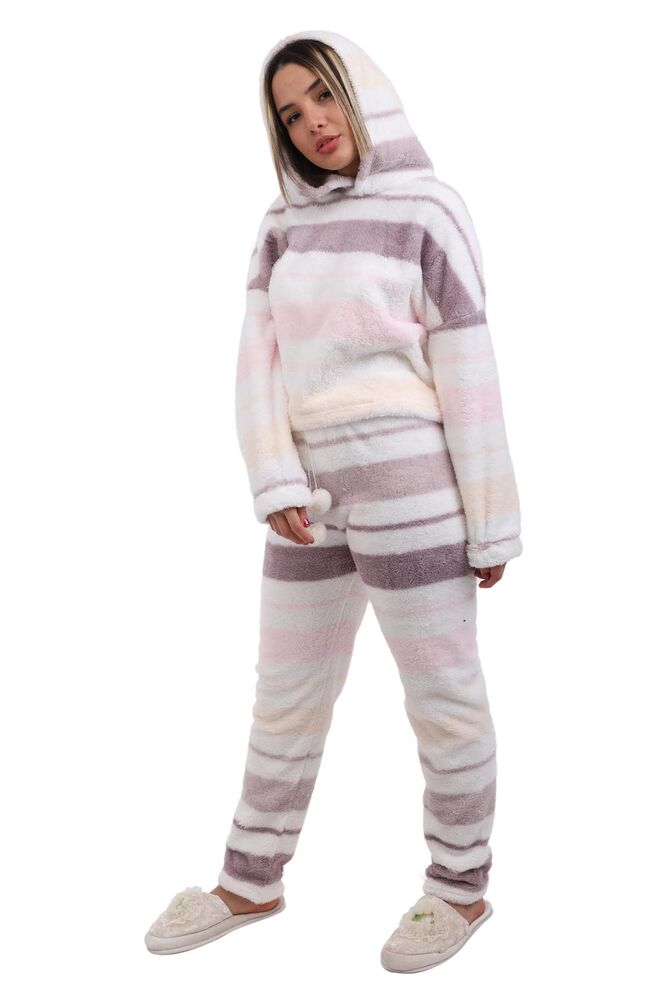Arcan Çizgi Desenli Kapüşonlu Polar Pijama Takımı 1253-1 | Beyaz