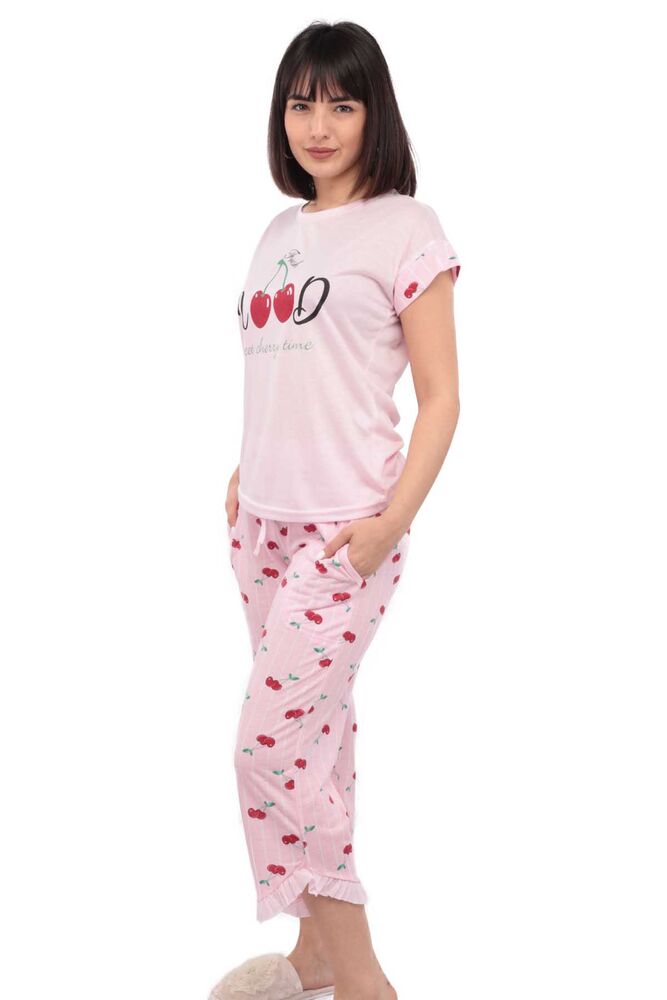 Mihra Kiraz Baskılı Kısa Kol Kadın Kapri Pijama Takımı | Pembe