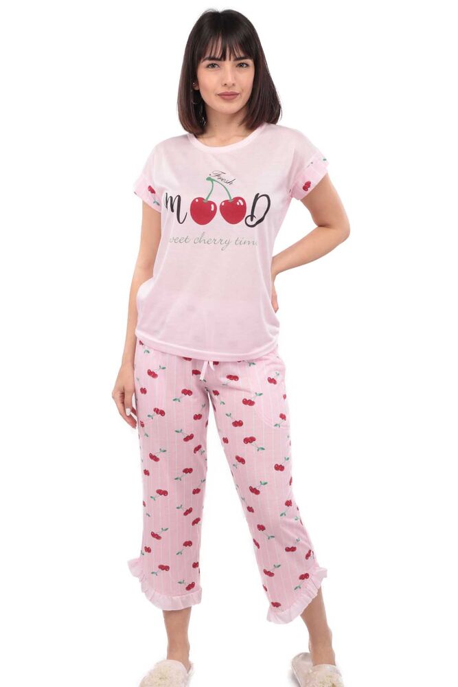 Mihra Kiraz Baskılı Kısa Kol Kadın Kapri Pijama Takımı | Pembe