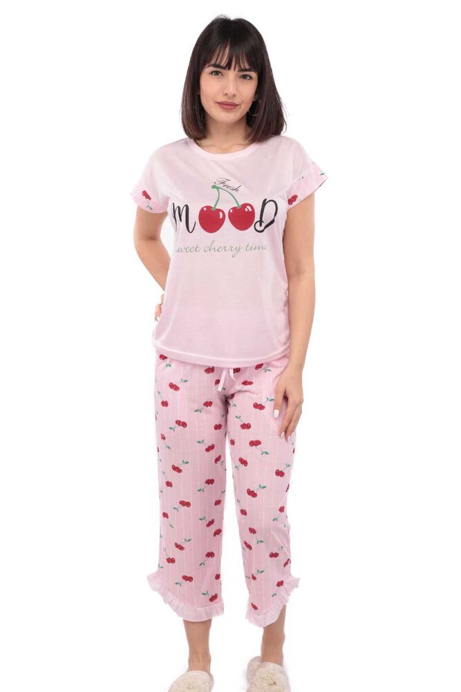 Mihra Kiraz Baskılı Kısa Kol Kadın Kapri Pijama Takımı | Pembe