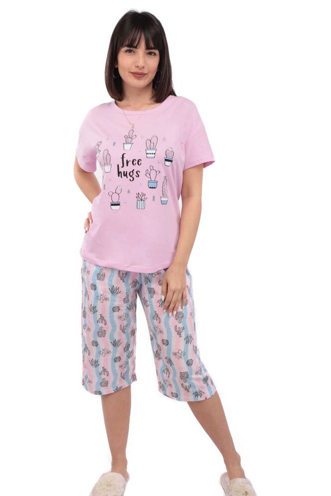 Arcan Kaktüs Desenli Kısa Kol Kadın Kapri Pijama Takımı | Lila